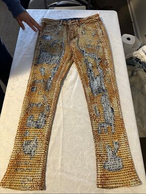 Kapital Yellow/Brown Distressed Grid Skinny Jeans